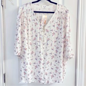 Siren Lily Women quarter-zip blouse, 3x (runs small), white w/ navy/peach floral